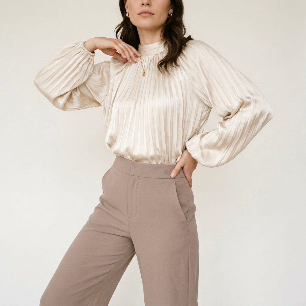 Zartrosa Satinbluse mit Plisseefalten