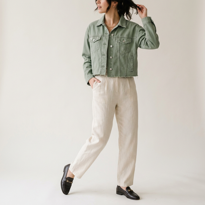 Salbeigrüne Jeansjacke in Kurzform