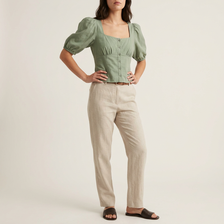 Salbeigrüne Baumwollbluse mit Puffärmeln