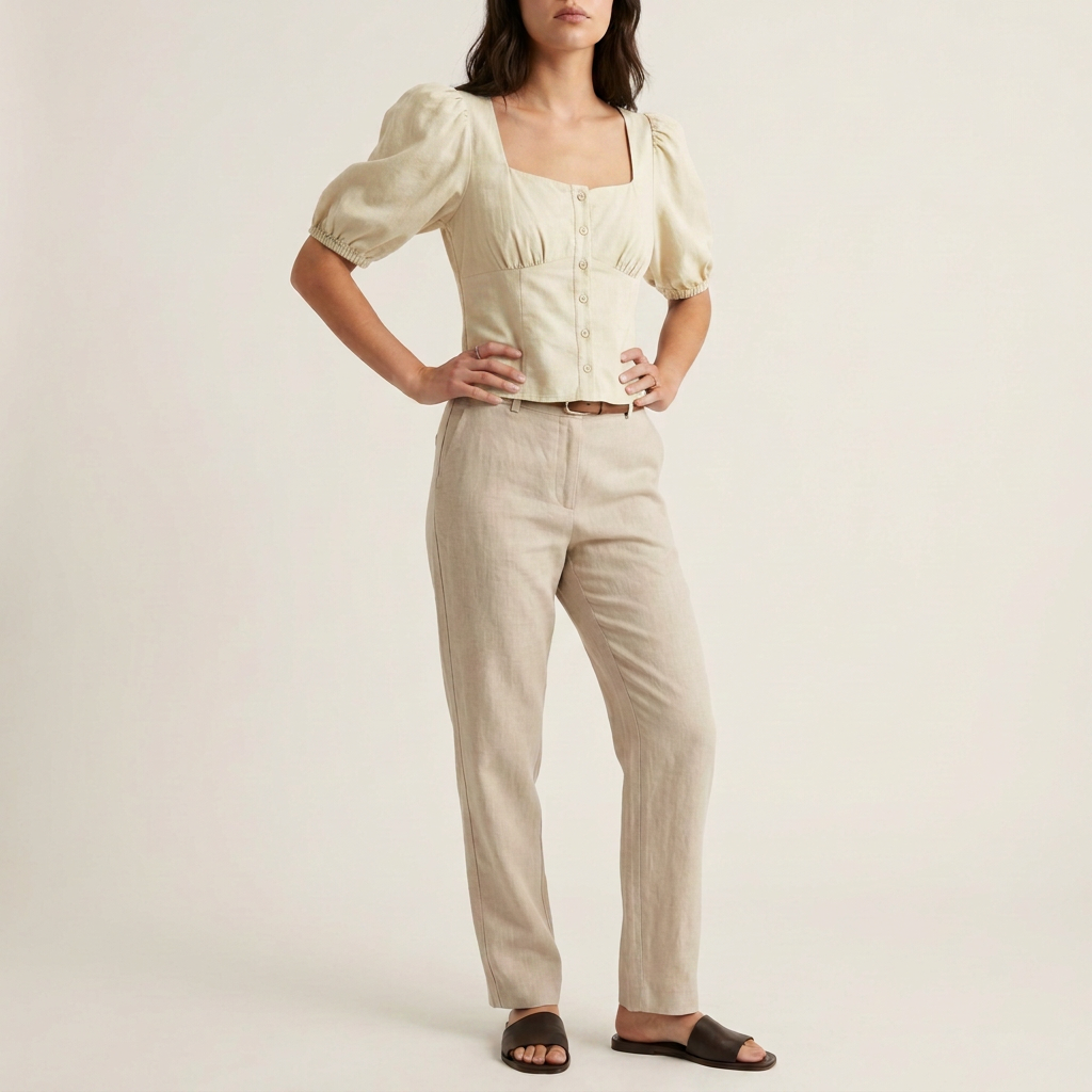 Salbeigrüne Baumwollbluse mit Puffärmeln