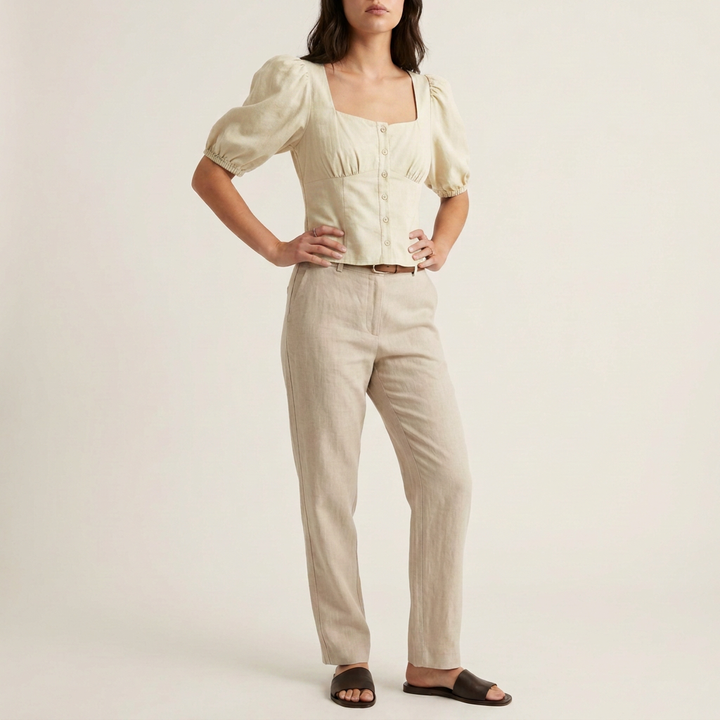 Salbeigrüne Baumwollbluse mit Puffärmeln