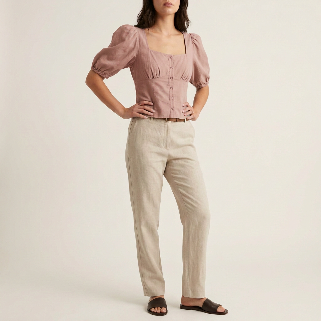 Salbeigrüne Baumwollbluse mit Puffärmeln