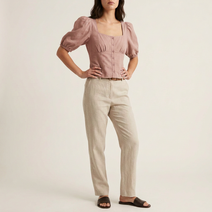 Salbeigrüne Baumwollbluse mit Puffärmeln