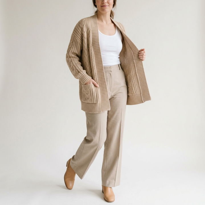 Sandbeige Strickjacke ohne Verschluss