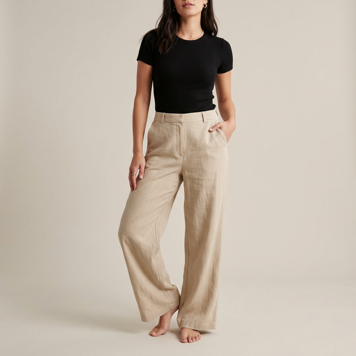 Sandbeige Leinenhose mit weitem Bein