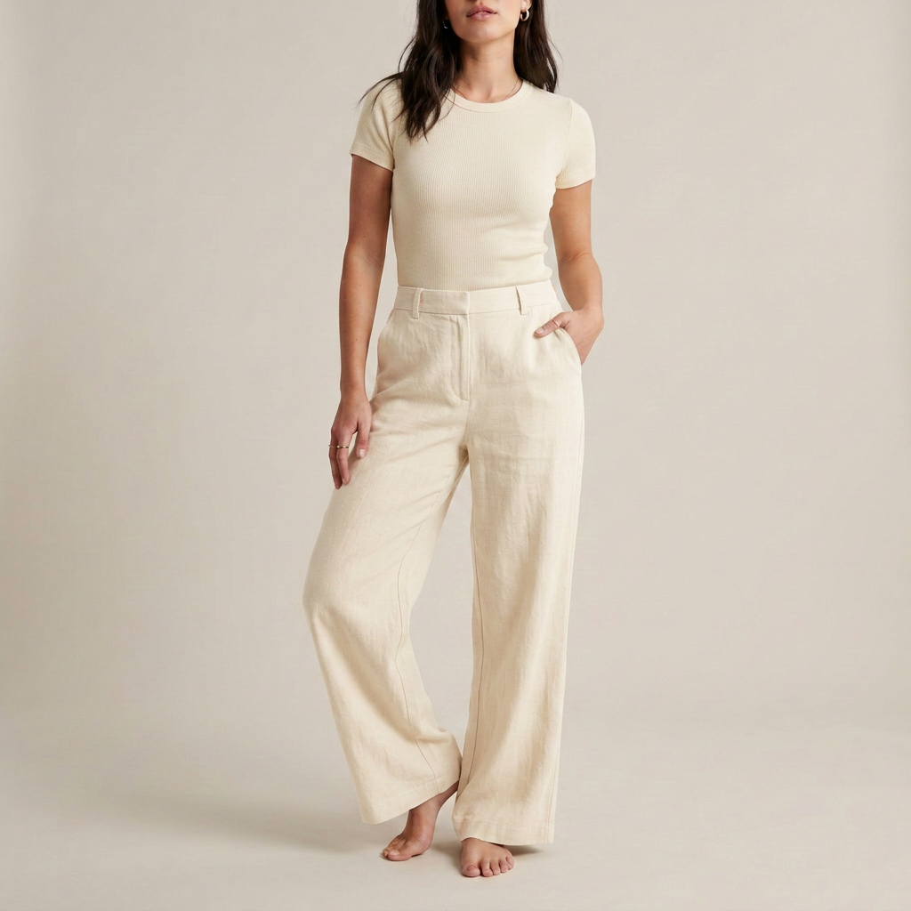 Sandbeige Leinenhose mit weitem Bein