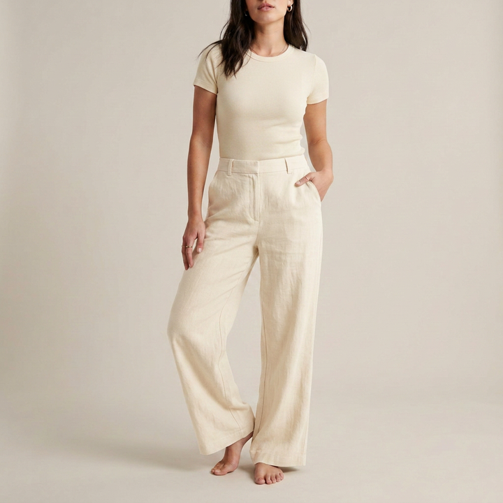 Sandbeige Leinenhose mit weitem Bein