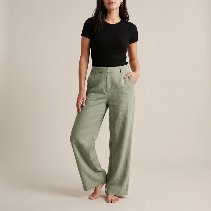 Sandbeige Leinenhose mit weitem Bein
