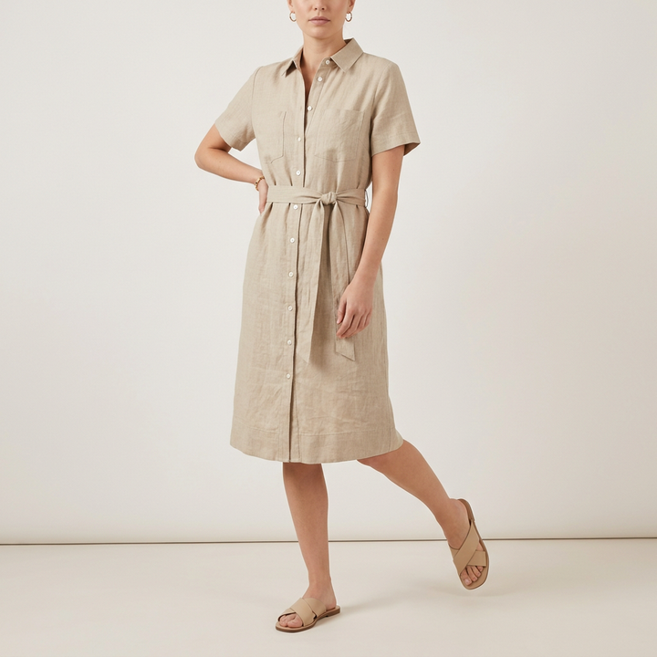 Sandbeiges Hemdblusenkleid aus Leinenmischung