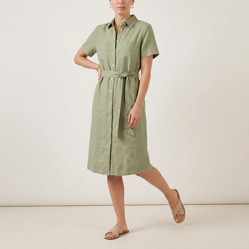 Sandbeiges Hemdblusenkleid aus Leinenmischung