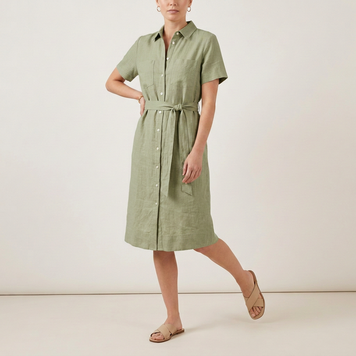 Sandbeiges Hemdblusenkleid aus Leinenmischung