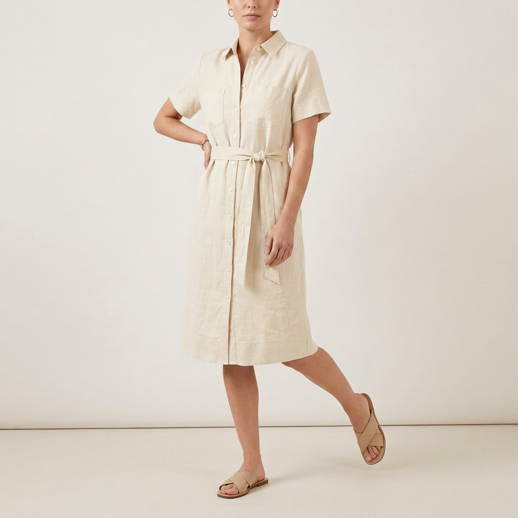 Sandbeiges Hemdblusenkleid aus Leinenmischung