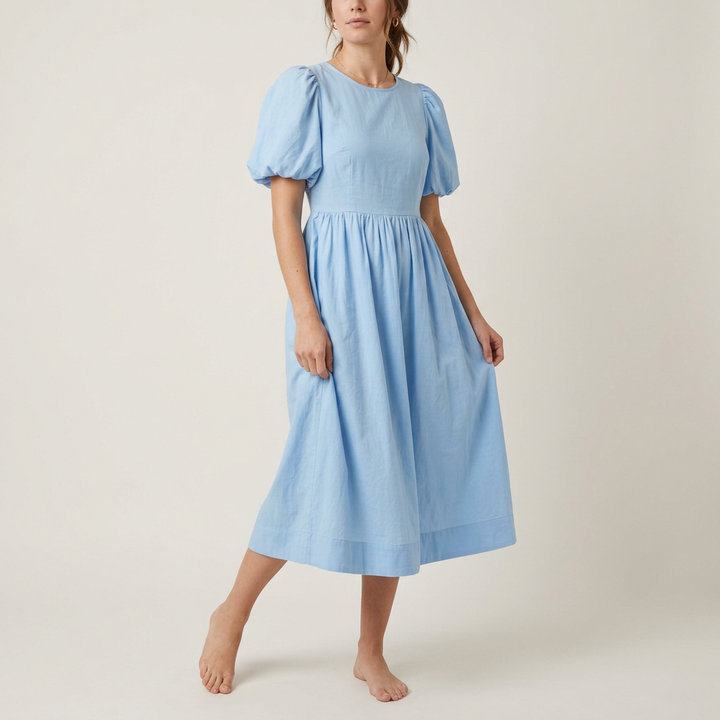 Himmelblaues Baumwollkleid mit Puffärmeln