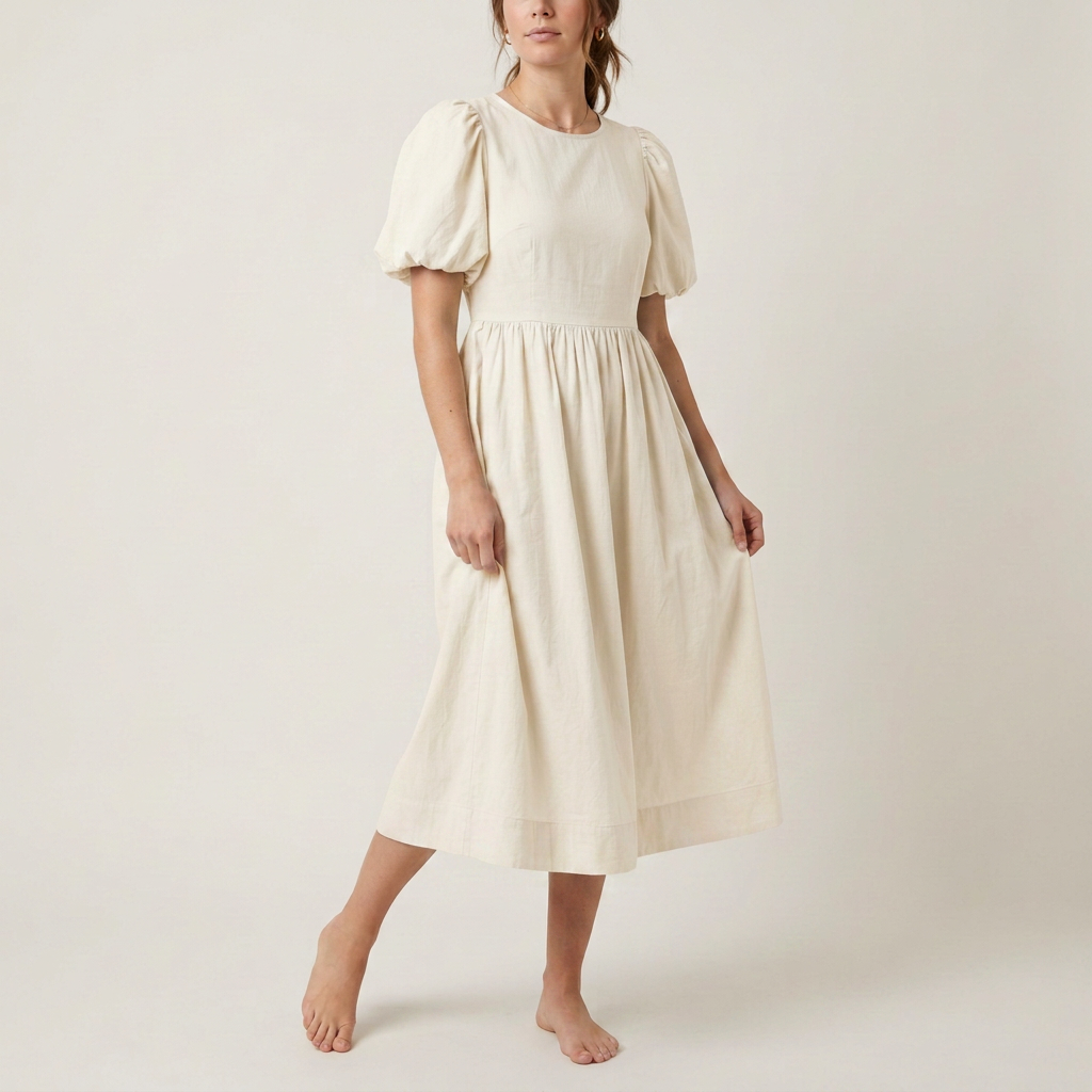 Himmelblaues Baumwollkleid mit Puffärmeln
