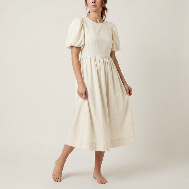 Himmelblaues Baumwollkleid mit Puffärmeln