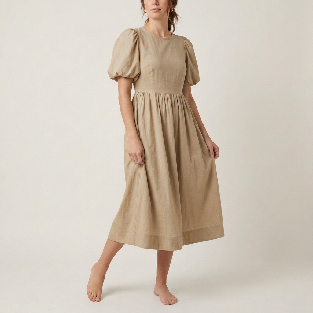 Himmelblaues Baumwollkleid mit Puffärmeln